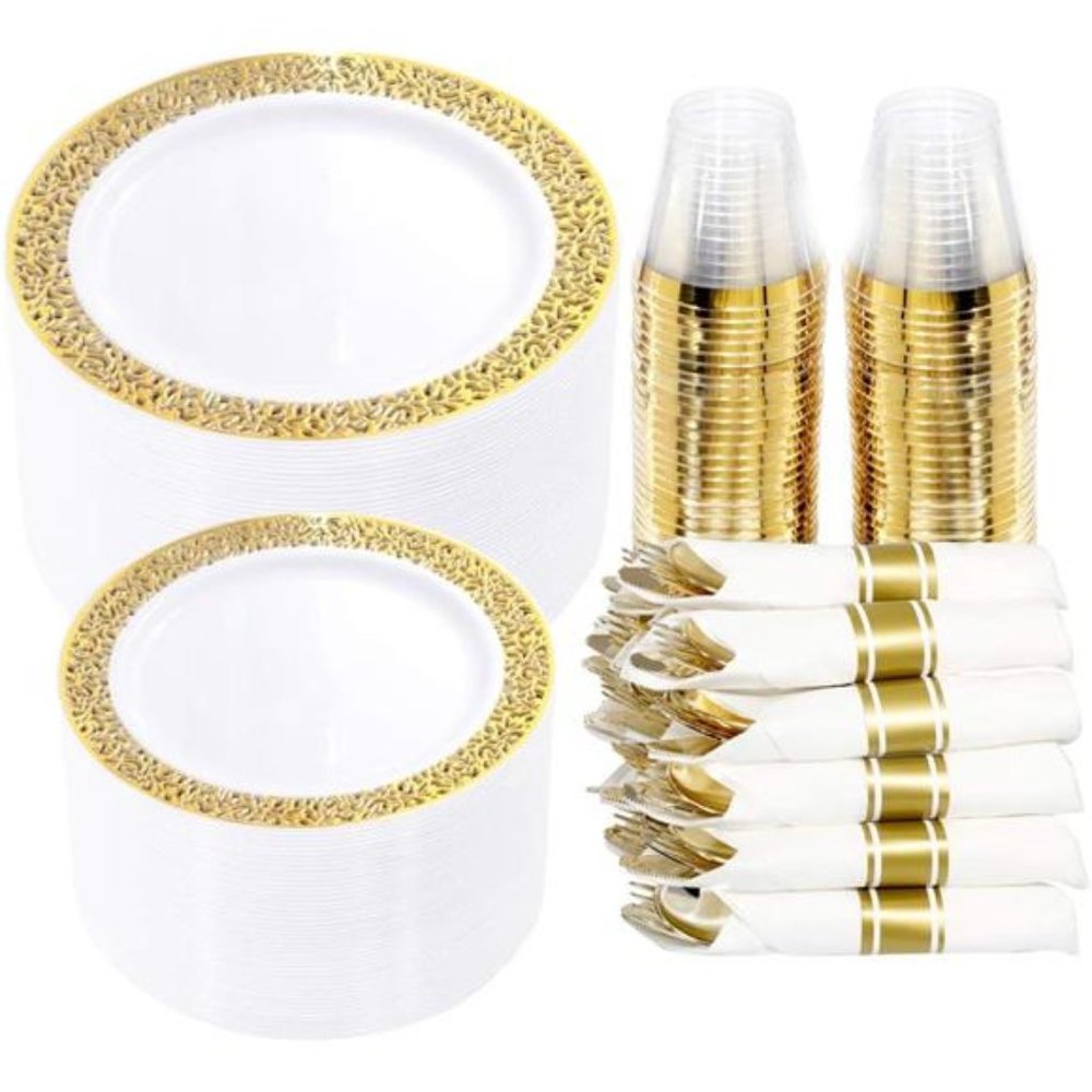350 Pieces Gold Plastic Dinnerware,Disposable Gold Lace Plates